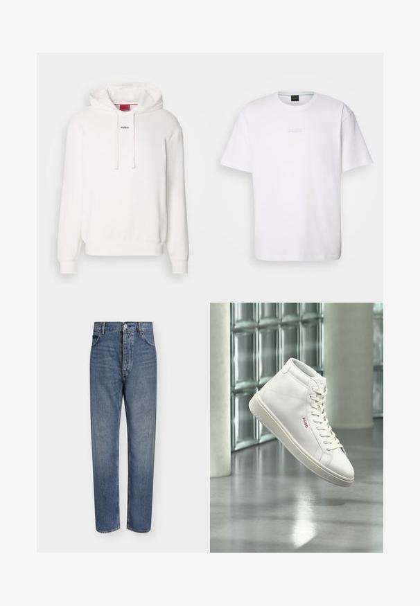 Witte hoodie met lange mouwen, trekkoordkap, voorste kangaroezak en subtiele "HUGO" logo op de borst. Zachte stof textuur.; Witte katoenen T-shirt met korte mouwen, ronde halslijn en reliëf 'BOSS' logo op de borst. Veilig textuur, standaard pasvorm.; Blauwe denim jeans met rechte pijpen, hoge taille, knoopsluiting aan de voorkant en vijfzakkenontwerp op een effen lichte achtergrond.; Witte hoge sneaker met veters en rood "Hugo"-logo aan de zijkant, zwevend boven een reflecterende grijze vloer in een moderne binnenomgeving.