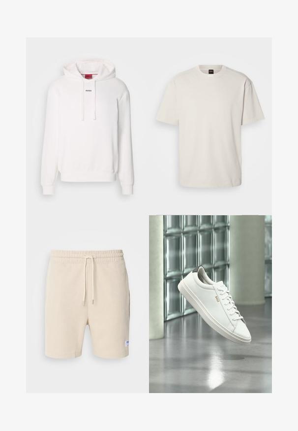 Haut à capuche blanc avec manches longues, capuche avec cordon, poche kangourou à l'avant, et un subtil logo "HUGO" sur la poitrine. Texture de tissu douce.; T-shirt à manches courtes et col rond en coton blanc cassé, présentant une coupe droite et un marquage minimal sur le col. Texture douce, sans motifs.; Shorts de couleur crème en tissu texturé. Dotés d'une taille élastique avec cordon de serrage et de poches latérales. Petite étiquette sur l'ourlet.; Baskets basses en cuir blanc avec lacets, languette de talon noire et logo « BOSS », flottant à l'intérieur près d'un mur en blocs de verre et d'un sol poli.
