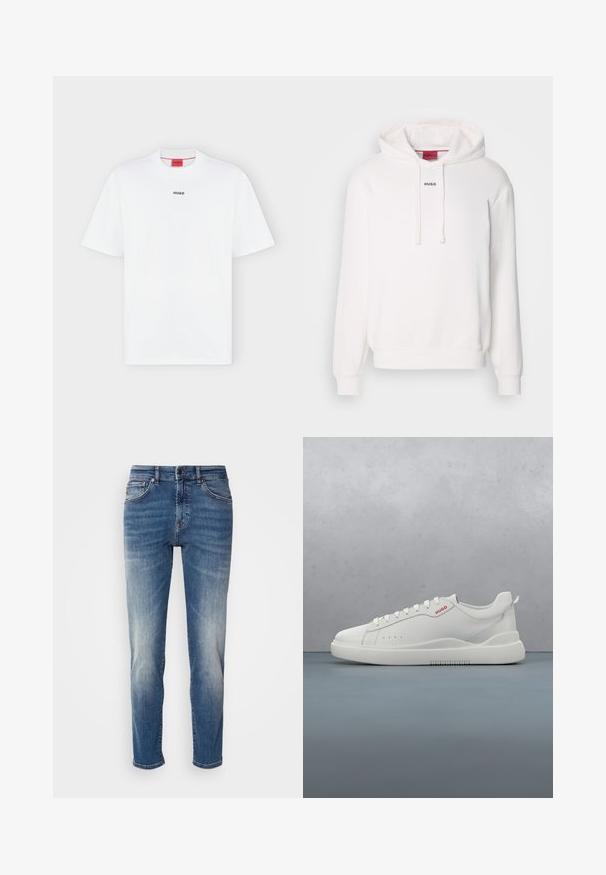 Weißer Kapuzenpullover mit langen Ärmeln, Kordelzugkapuze, vordertasche im Känguru-Stil und dezentem "HUGO"-Logo auf der Brust. Weicher Stoff.; Weißes T-Shirt mit kurzen Ärmeln und kleinem schwarzem "HUGO" Logo mittig auf der Brust und einem roten Etikett innen im Kragen.; Blaue Jeans aus Denim mit geradem Bein, leichter Ausbleichung, klassischer Fünf-Taschen-Stil und einem Reißverschluss mit Knopfverschluss.; Weiße Sneaker aus glattem Leder, runde Spitze, vier Ösen, dezente Perforationen und ein rotes Logodetail an der Seite.