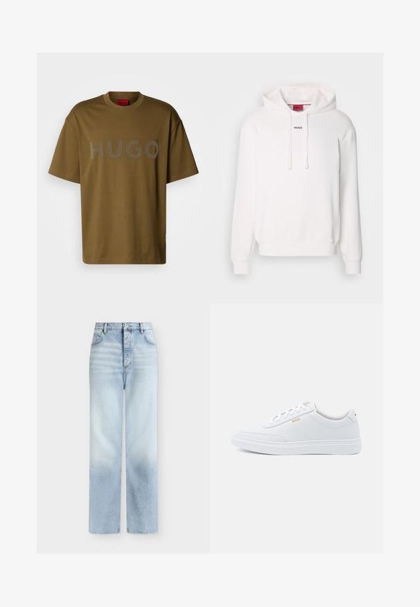 Witte hoodie met lange mouwen, trekkoordkap, voorste kangaroezak en subtiele "HUGO" logo op de borst. Zachte stof textuur.; Olijfgroene katoenen t-shirt met een ronde hals en korte mouwen, met een groot grijs "HUGO" logo op de voorkant gedrukt.; Lichtblauwe, hoog getailleerde, rechte jeans met voorzakken, riemlussen en een knoopsluiting.; Witte leren sneakers met een gladde textuur, ronde neus en tonale stiksels. Voorzien van blauwe veters en een gouden logo op de zijkant.