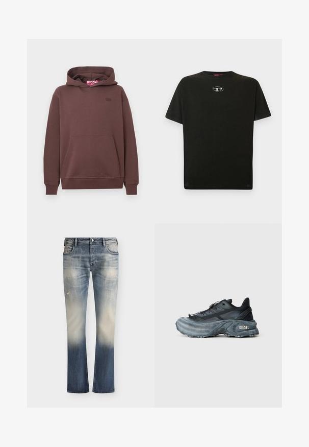 Hoodie brun à col montant avec poche kangourou à l'avant, poignets et ourlet côtelés, petit logo brodé sur la poitrine et étiquette de marque à l'intérieur de la capuche.; T-shirt en coton noir à manches courtes, col rond, avec un petit logo métallique sur la poitrine. Texture lisse et coupe droite.; Jean en denim bleu délavé avec des détails usés, poches avant, fermeture à boutons et coupe droite.; Baskets Diesel noires et grises avec semelle épaisse, système de laçage à bascule et design texturé sur fond gris clair uni.