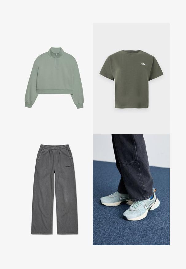 Lys grøn cropped sweatshirt med høj krave og halv lynlås. Har lange ærmer og et blødt, struktureret stof.; Olivengrøn bomuld t-shirt med korte ærmer, rund hals og en lille hvid logo på venstre bryst. Glat tekstur og afslappet pasform.; Mørkegrå bukser med vide ben, elastisk talje, sidelommer og sort "PEGADOR"-logo på højre lår.; Lyseblå mesh Nike sneakers med struktureret finish, sort swoosh og cremefarvet mellemsål, parret med mørkegrå vide bukser.
