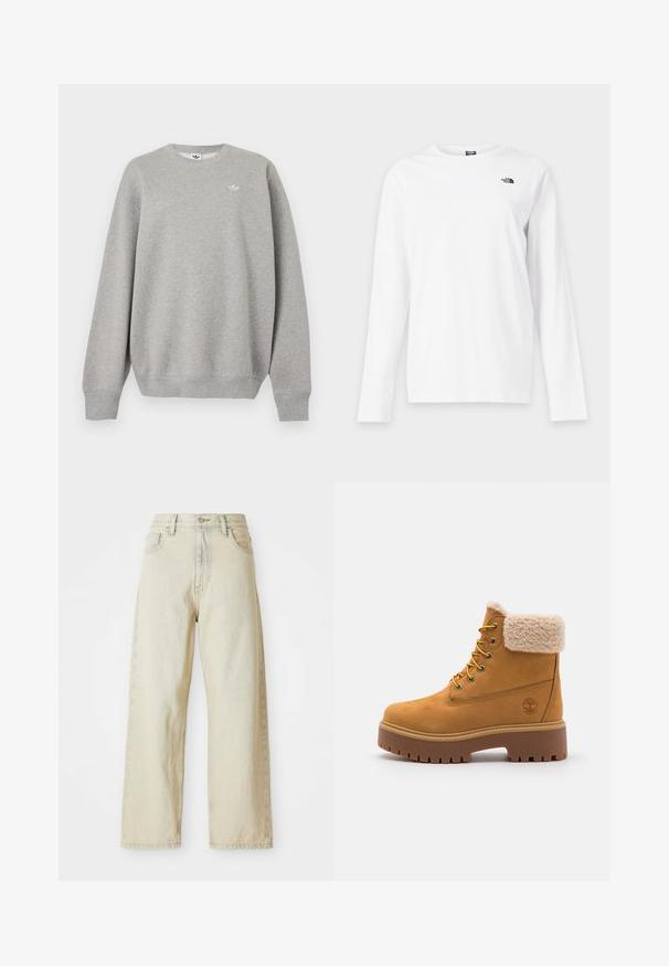 Lysegrå crewneck sweatshirt med lange ærmer og en lille hvid Adidas-logo på venstre bryst.; Hvid langærmet T-shirt med rund hals og lille sort The North Face-logo på venstre bryst.; Løse denimjeans i en lys beige nuance med forlommer, høj talje og subtile syninger. Fremstillet af struktureret denimstof.; Tan ruskindsstøvle med en kunstig pelskrave, gyldne øjer og en kontrasterende gummisål. Har et logo på siden og struktureret sål.
