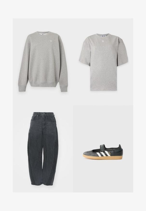 Helehall hall crewneck-pusakleit pika varruka ja väikese valge Adidas logo vasakul rinnal.; Helehall Adidas lühikeste varrukatega t-särk, ümara kaelusega ja väikese valge Adidas logoga rinnal, esitatud lihtsal taustal.; Kottide mustad teksad, millel on kulutatud viimistlus, viis taskut, vöökoht nööbiga kinnitamine ja õmmeldud detailid ees ja külgedel.; Mustmust ja sametist sneaker, millel on Velcro rihm, kolm valget triipu ja kummi tallad, küljel on silt "SAMBA".