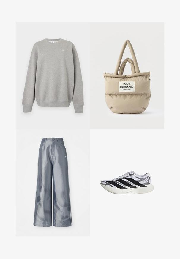 Vaaleanharmaa pyöreäkauluksinen collegepaita, jossa pitkät hihat ja pieni valkoinen Adidas-logo vasemmassa rinnassa.; Housut leveillä lahkeilla kiiltävässä harmaassa materiaalissa, valkoisilla sivuviivoilla ja liekkikuvioilla alaosassa. Napin ja vetskarin suljenta vyötäröllä.; Valkoinen ja hopeinen juoksukenkä mustilla raidoilla, valkoisilla nauhoilla ja paksulla valkoisella pohjalla, jossa lukee "Lightstrike Pro".; Beige pehmustettu kangaskassi kahdella kahvalla, jossa valkoinen etiketti, jossa edessä teksti "MADS NØRGAARD COPENHAGEN".