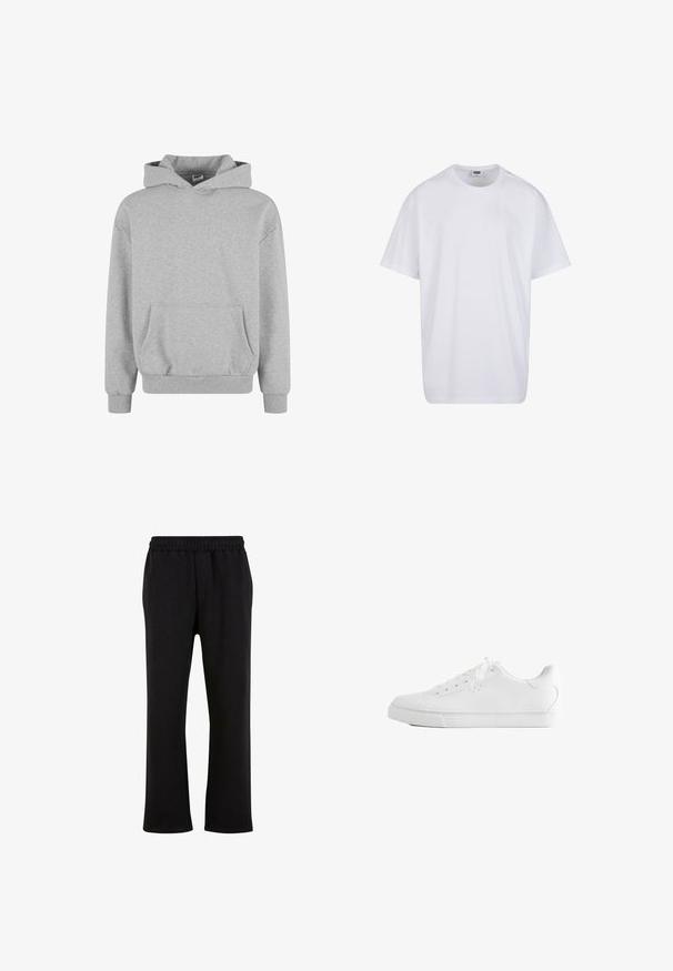 Grå sweatshirt med hætte, lange ærmer og frontlomme. Fremstillet af blødt stof med ribbede manchetter og kant. Minimalistisk design og alsidig stil.; Hvid, kortærmet bomulds-T-shirt med rund hals og synligt størrelses- og mærkelabel inde i kraven.; Urban Classics Træningsbukser - black; Hvid lavtop sneakers med snørebånd, glat læderoverdel og flad gummiå sole set fra siden på en hvid baggrund.