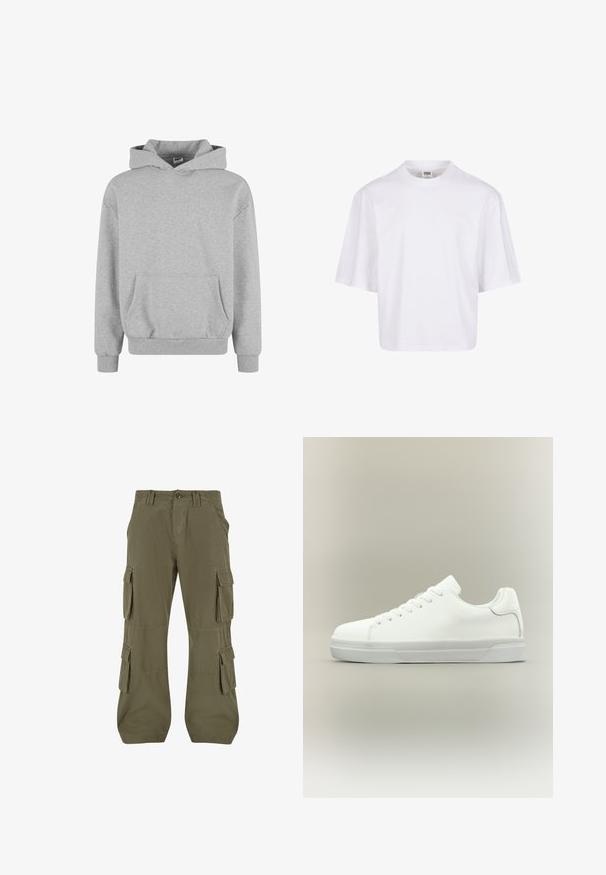 Sudadera gris con capucha, mangas largas y bolsillo frontal. Fabricada en una tela suave con puños y dobladillo acanalados. Diseño minimalista y estilo versátil.; Camiseta blanca de manga corta con cuello redondo y corte relajado, fabricada en una suave mezcla de algodón. Sin patrones ni adornos.; Pantalones cargo en verde olivo. Fabricados en algodón, con múltiples bolsillos laterales, corte recto y detalles de costura visibles.; Zapatilla blanca de corte bajo con cierre de cordones, cuello acolchado y suela de goma texturizada, mostrada de perfil sobre un fondo neutro.