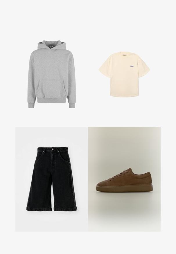 Grå sweatshirt med hætte, lange ærmer og frontlomme. Fremstillet af blødt stof med ribbede manchetter og kant. Minimalistisk design og alsidig stil.; Kremfarvet kortærmet T-shirt med lille blåt "Woodbird"-logo på venstre bryst, rund hals og afslappet pasform.; Sorte denimshorts med bred ben-design, der har høj talje, bæltestropper og forlommer. Minimalistisk syninger og hardware detaljer.; Brun ruskind lavtop-sneaker med snørebånd og en tyk gummisål, vist i profil på en neutral baggrund.