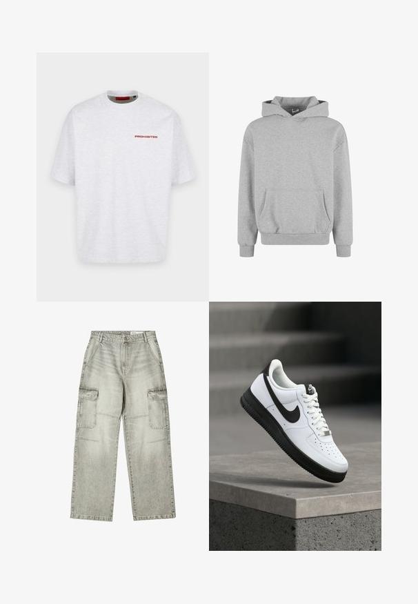 Sivá mikina s kapucňou, dlhými rukávmi a prednými vreckami. Vyrobená z mäkkej tkaniny s rebrovanými manžetami a spodným lemom. Minimalistický dizajn a univerzálny štýl.; Jednoduché biele tričko s okrúhlym výstrihom a krátkymi rukávmi s malým červeným nápisom „PROHIBITED“ v hornej ľavej časti hrudníka.; Svetlošedé široké cargo džínsy s prednými vreckami s klopou, bočnými vreckami, pútkami na opasok a gombíkovým zapínaním v páse.; Biela kožená teniska s čiernymi akcentmi, zaoblenou špičkou a perforovanými detailmi. Čierna gumová podrážka s textúrovaným vzorom a šnurovanie na šnúrky.