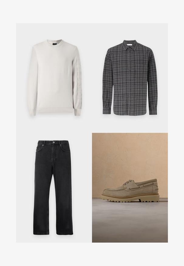 Lys grå strikket sweater med rund hals og lange ærmer. Har forhøjet logo tekst langs venstre ærme. Blød tekstur, ribbede manchetter.; Sort og grå ternet skjorte med knapper, lange ærmer, brystlomme, klassisk krave og let stofstruktur.; Sorte lige ben jeans med forlommer, bæltestropper og knaplukning på hvid baggrund.; Beige ruskind casual snørestøvle med tyk, rillet sål, vist i luften over matchende beige struktureret overflade og baggrund.