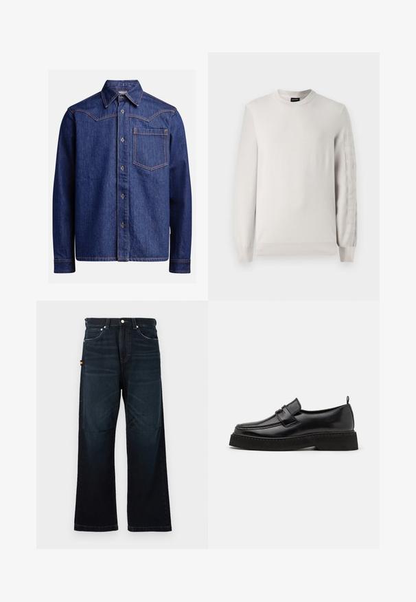 Suéter de punto gris claro con cuello redondo y mangas largas. Presenta un texto de logo elevado a lo largo de la manga izquierda. Textura suave, puños acanalados.; Camisa de mezclilla azul oscuro de manga larga con cuello punta, botones en el frente, bolsillo en el pecho y costuras en contraste de color naranja.; Vaqueros rectos de color azul oscuro con diseño clásico de cinco bolsillos, trabillas para el cinturón y sutiles detalles desgastados en la parte frontal y las rodillas.; Zapatos estilo mocasín de cuero negro con suela plana y texturizada, con puntera cosida y una correa a lo largo del empeine.