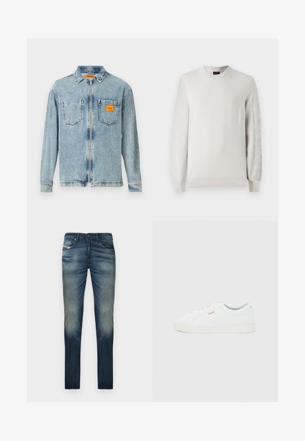 Helehall nahkle sweater, millel on ümara kaelusega ja pikad varrukad. Vasakule varrukale on trükitud tõstetud logo tekst. Pehme tekstuur, soonikkoes mansetid.; Helefrontse lukuga helesinine denim jakker, kahe rindkere taskuga ja väikese oranži Replay Inc. etiketi avaga paremas taskus ja kraes.; Tumed sinised teksad sirge lõikega, millel on jalgadel tuhmunud muster, viis taskut ja nööp sulgemine vööosas.; Valge madala säärega tennissuss, millel on valged paelad, paks tall, ja väike punane "HUGO" logo küljel ja tagakandadel.
