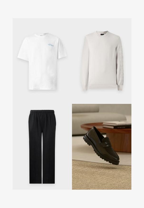 Lichtgrijze gebreide trui met ronde halslijn en long sleeves. Heeft verhoging van het logo tekst langs de linkermouw. Zachte textuur, ribbelige manchetten.; Witte katoen t-shirt met een ronde hals, korte mouwen en lichtblauwe tekst "THE REGAL" op het linker borstgedeelte.; Zwarte broek van zacht materiaal met een elastische tailleband, rechte pijpen en twee zijzakken. Heeft verborgen stikseldetails.; Zwarte leren loafer met grove profielzool die boven een gestructureerd beige vloerkleed zweeft, houten ronde salontafel en gestapelde boeken op de achtergrond.