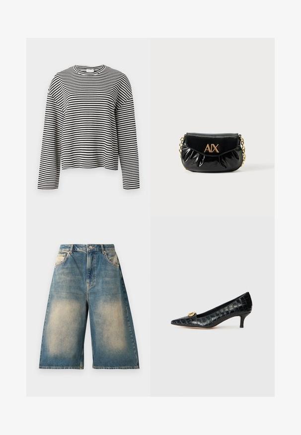 Sort-hvid stribet langærmet top med rund halsudskæring, løs pasform og et tekstureret strikmønster. Kort længde.; Højhalsede, knælange denimshorts med falmet vask, forlommer, bæltestropper og knaplukning.; Sort læderpumpe med krokodilletekstur, spids tå og en lille guldaccent på vampen; har en beskeden hæl.; Sort lakeret håndtaske med guldhardware. Har en afrundet form, plisseret design og en klaflukning. "AIX" logoet på fronten.