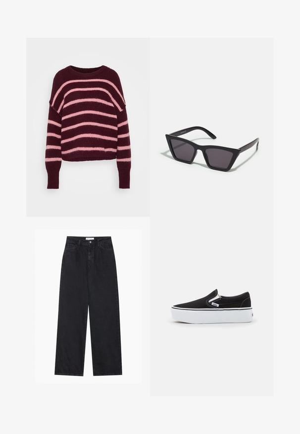 Pull rayé avec des couleurs bourgogne foncé et rose clair, texture tricotée, encolure dégagée et longues manches avec des poignets côtelés.; Jeans en denim noirs taille haute à jambes larges avec fermeture à bouton et zip à l'avant, passants de ceinture et style à cinq poches.; Chaussure slip-on noire en toile avec une semelle en caoutchouc blanc, dotée d'accents élastiques sur les côtés et de coutures contrastées. Logo de la marque visible sur le côté.; Lunettes noires angulaires avec des verres gris ; fabriquées en plastique, avec des branches épaisses à la surface lisse et sans matériel visible.