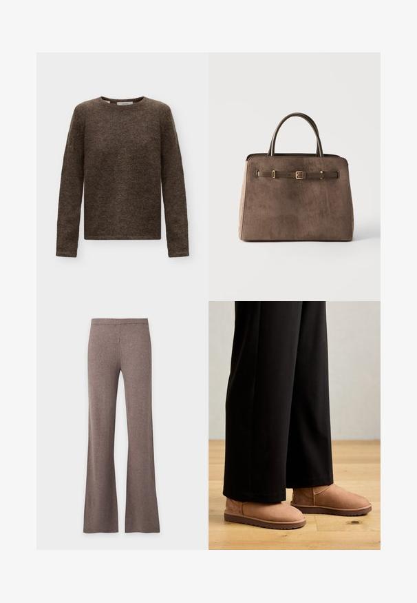 Brun langærmet crew neck sweater med en blød, fluffy tekstur og en lige kant, vist på en ensartet lys baggrund.; Brune strikkede bukser med høj talje, elastisk linning og vide ben, vist fladt mod en ensfarvet hvid baggrund.; Brune ruskinds ankelstøvler med flad gummisål, rund tå og minimal syning, båret med sorte brede bukser på et trægulv.; Brun ruskindshåndtaske med to håndtag og en dekorativ læderrem med guldfarvet spænde foran, på en ensfarvet baggrund.