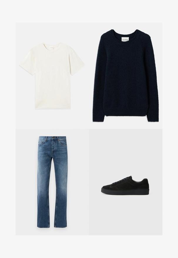 Marineblå strikket sweater med rund halsudskæring, lange ærmer og ribbede manchetter og kant. Blød tekstur og enkelt design, ingen mønstre eller accenter.; Korte ærmer, crew neck t-shirt i lys beige, blødt bomuldsstof med en afslappet pasform og uden synlige mønstre eller accenter.; Blå denim jeans med lige ben design, falmede vask, fem lommer og kontrastsyning. Knap- og lynlås-lukning i taljen.; Sort semsket sneakers med en flad, tekstureret sål, rund tå, seks snørrehuller og et minimalistisk design.