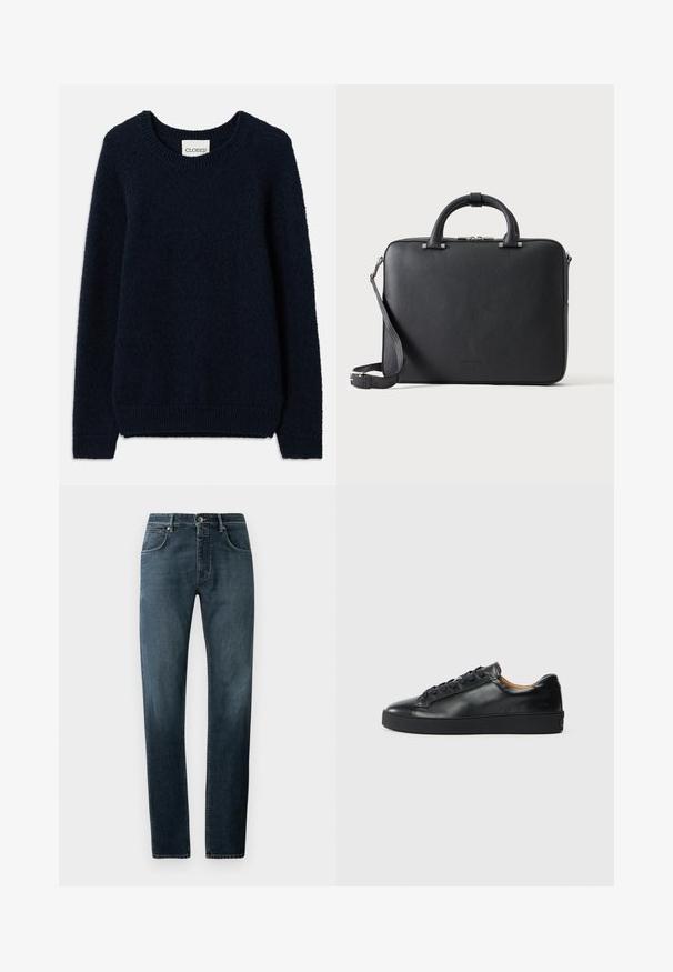 Marineblå strikket sweater med rund halsudskæring, lange ærmer og ribbede manchetter og kant. Blød tekstur og enkelt design, ingen mønstre eller accenter.; Mørke denimjeans med lige pasform, klassisk fem-lomme-design, kontrasterende syninger og en subtil slidt effekt på lårene.; Sorte lædersneakers med en glat overflade, rund tå og snørebåndslukning. Har en tyk gummisål og minimal branddetalje.; Sort tekstureret lædermappe med dobbelte håndtag, aftagelig skulderrem og top lynlåslukning på en ensartet lys baggrund.