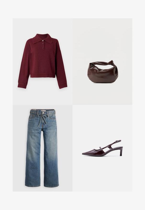 Bordeaux pullover med krave, tre knapstolper og ribbet kant ved nederdel og manchetter. Blød tekstur med en afslappet pasform.; Lyseblå vide jeans lavet af denim, med en snøre i taljen, to frontlommer og subtilt slid for tekstur.; Bordeaux laklæder slingback-sko med spids tå, lav hæl og dobbelte justerbare spænderem.; Mørkebrun læder skuldertaske med en blød, afslappet form og et snoet knudehåndtag på en ensartet hvid baggrund.