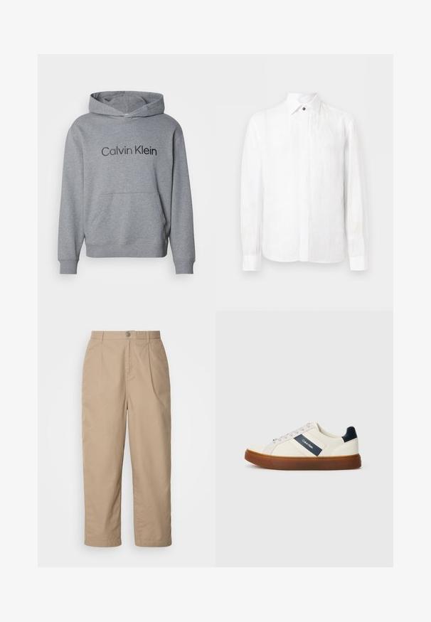 Grauer Kapuzenpullover mit Fronttasche und dem auf der Brust in schwarzem Text gedruckten "Calvin Klein"-Logo.; Langärmeliges weißes Hemd mit Knöpfen, spitzem Kragen und verdeckter Knopfleiste, vor einem schlichten hellen Hintergrund dargestellt.; Beige, leichte Baumwollhosen mit gefaltetem Vorderteil, Knopfverschluss und geradem Bein, die eine glatte Textur und keine sichtbaren Muster aufweisen.; Weiße Leder-Sneaker mit marineblauen Akzenten, ausgestattet mit einem marineblauen Logo-Streifen, grauen Schnürsenkeln und einer braunen Gummisohle. Minimalistisches Design.
