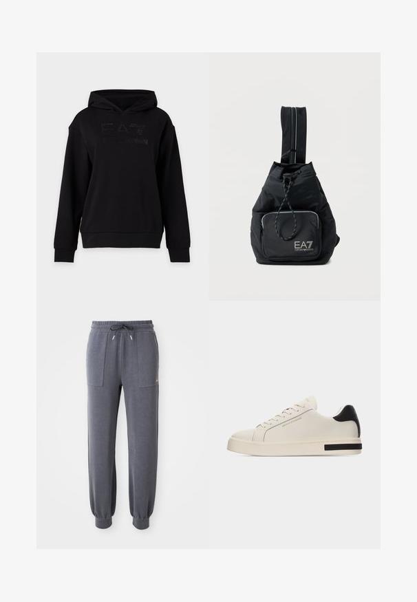 Musta hupullinen pitkähiha sweatshirt, jossa on hillitty "EA7 Emporio Armani"-logo rinnassa.; Harmaat joogapuvut, jotka on valmistettu pehmeästä kankaasta. Niissä on joustava vyötärö, jossa on nyöri, kaksi etutaskua ja kapenevat hihnat nilkoissa.; Valkoinen matalavartinen tennari, jossa on kermaan vivahtava pohja, beigen väriset nauhat, musta kantatappi ja kultaiset "Armani Exchange" -brändäykset sivulla ja kielen päällä.; Musta Emporio Armani EA7 -kantolaukku, jossa etutasku vetoketjulla ja säädettävä yksittäinen olkahihna, valkoisella taustalla.