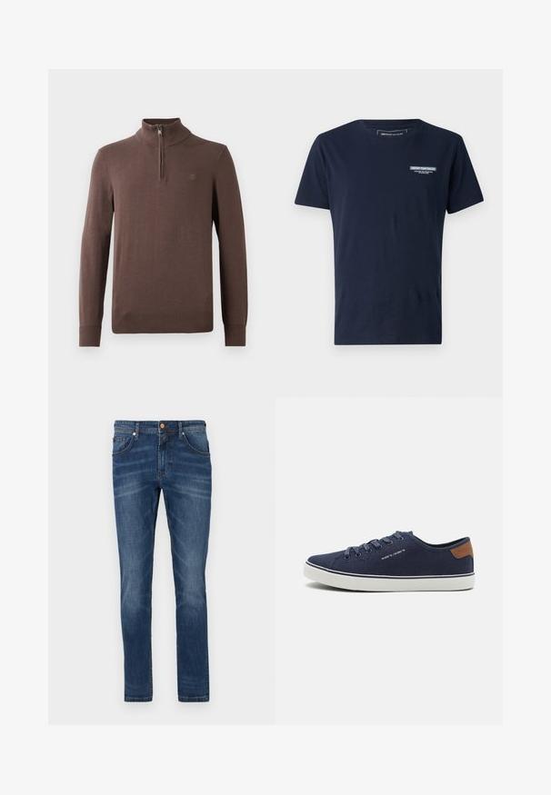 Pruunist kootud pullover kõrge kaeluse ja veerandi tõmblukuga. Iseloomulikud on soonikkoes varrukate ja lõpuotsad ning rinnal on väike logode detail.; Tumesinine puuvillane t-särk ümmarguse kaelusega, lühikeste varrukatega ning rinnal väikese embroideritud logoga. Klassikaline lõige ja sile tekstuur.; Tumed sinise denimi teksad, sirge lõikega, viie taskuga, kerge kulumisjälg ja kontrastvärviline õmblus, nööpkinnitus vööl.; Tumedat sinise kanva sussid valgete kummitaldadega, millel on kooskõlas olevad lace'id, pruun nahkdetalj kanna juures ning minimalistlikud disainielemendid.