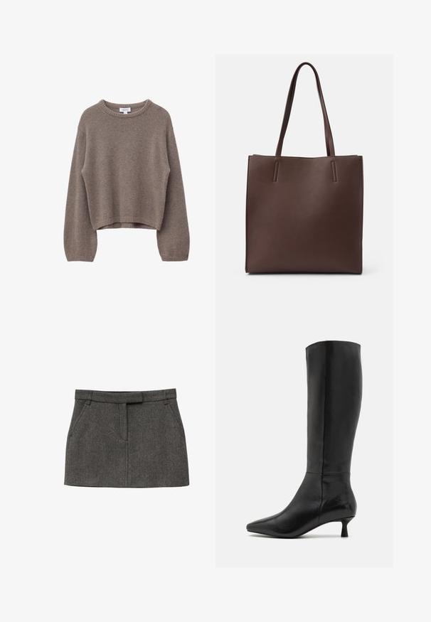 Bruine cropped sweater van zacht materiaal, met een ronde halslijn, lange mouwen en geribbelde boorden en zoom. Gladde textuur, zonder patronen.; Grijze mini-rok met een rechte snit, zijzakken en een riemlus. Gemaakt van een wolmengstof, met een subtiel visgraatpatroon.; Zign Laarzen - black; Bruine leren schoudertas met twee lange handvatten, met een rechthoekige vorm, een gladde textuur en een minimalistisch ontwerp zonder extra hardware.