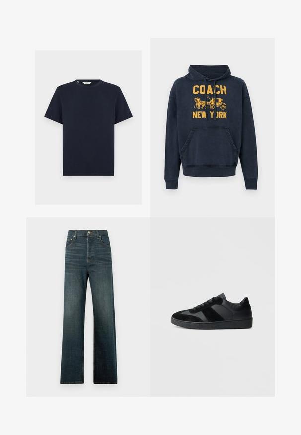 Sweat à capuche bleu marine avec poche avant, texte jaune "COACH NEW YORK" et graphique de calèche tirée par des chevaux sur la poitrine.; T-shirt bleu marine à manches courtes avec col rond et ourlet droit, présenté sur fond blanc.; Jeans en denim dans un lavage bleu foncé, avec des jambes droites, un design classique à cinq poches et un léger décoloration près des hanches.; Baskets noires combinant cuir lisse et daim, avec une semelle en caoutchouc noire texturée et un détail de rayures discrètes.