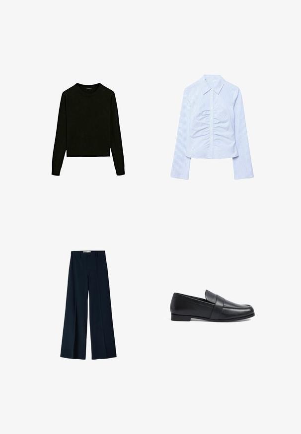 Sort strikket sweater med rund hals, lange ærmer og cropped design. Fremstillet af et blødt materiale med en glat tekstur.; Lyseblå skjorte med lange ærmer, knapper foran, tynde lodrette striber og rynkede detaljer langs det midterste frontpanel.; Marineblå bredbensbukser lavet af et glat stof, med to frontfoldninger og en enkelt knaplukning i taljen.; Sorte læder loafers med en lav hæl, der har en syet overdel og en dekorativ rem hen over vristen. Glat tekstur, klassisk design.