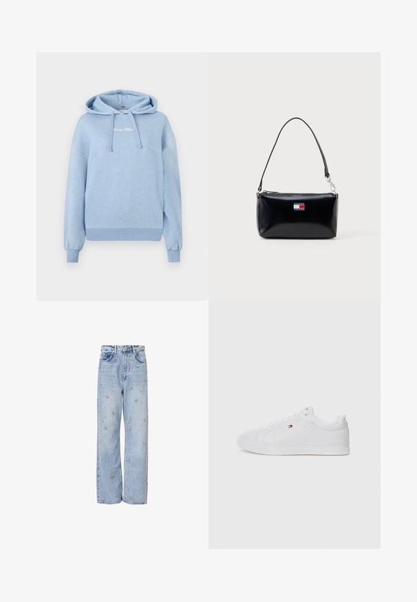 Lyseblå hættebluse lavet af blød bomuldsblanding. Har et broderet logo, snøre i hætten og ribbestrikket kant og ærmer. Klassisk pasform design.; Lystblå denimjeans med afslappet pasform, prydet med sølvfarvet blomsterbroderi hele vejen rundt og standard fem-lomme design.; Hvide lavtop sneakers med en glat læderoverdel, rund tå og flad gummisål. Har diskret branding på siden og hvide snørebånd.; Sort rektangulær skuldertaske med kort rem og Tommy Jeans-logo i rød, hvid og blå på fronten i midten.