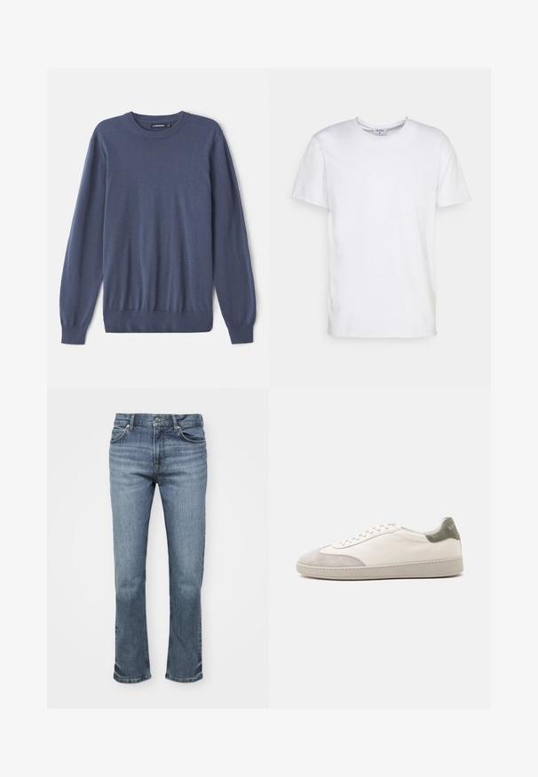 Herrenblauer Pullover aus weichem Material, mit Rundhalsausschnitt, langen Ärmeln, gerippten Bündchen und passgenauem Saum. Glatte Textur ohne Muster.; Weißes T-Shirt mit kurzen Ärmeln aus Baumwolle. Es hat einen runden Halsausschnitt und eine lockere Passform ohne sichtbare Muster oder Akzente.; Blaue Jeans bestehen aus Denim, haben einen geraden Bein-Design, ein Fünf-Taschen-Stil und einen Knopfverschluss mit kontrastierenden Nähten.; Weißer niedriger Sneaker mit hellgrauen Wildleder-Akzenten an Zehen und Ferse, weißen Schnürsenkeln und einer flachen beigen Sohle, von der Außenseite gezeigt.