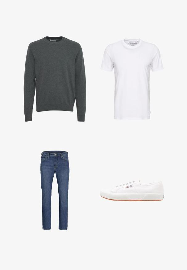 Mørkegrå crewneck sweater med lange ærmer, lavet af et blødt, strikket materiale. Har ribbestrikket halsudskæring, manchetter og kant. Ingen synlige mønstre.; Hvid t-shirt med korte ærmer lavet af bomuld, med en rund hals og et enkelt design. Brandtag synlig på halsområdet. Ingen mønstre eller accenter.; Herre blå denim jeans med lige ben-design, fem lommers styling og klassisk knap- og lynlåslukning.; Hvide kanvas sneakers med gummisål, snørebåndsdesign og et lille logo mærke på siden. Tekstureret hvid overdel og brun ydersål.