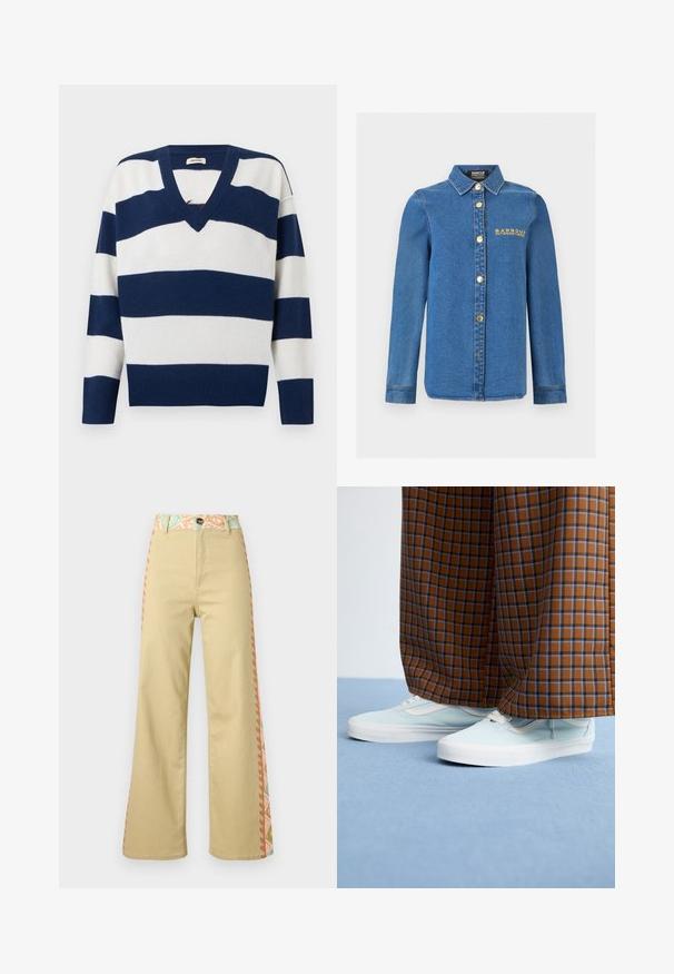 Marineblauw en witte trui met brede horizontale strepen, V-hals, lange mouwen en geribde boorden en zoom.; Blauw denim overhemd met lange mouwen, gouden knopen, puntkraag en geborduurd "Barbour International" logo op de linkerborst.; Beige wijde broek met hoge taille, knoopsluiting, tailleband met bloemenpatroon en zijstrepen in pastelkleuren.; Lichtblauwe sneakers gedragen met bruine en blauwe geblokte wijde broekspijpen op een lichtblauw tapijt.