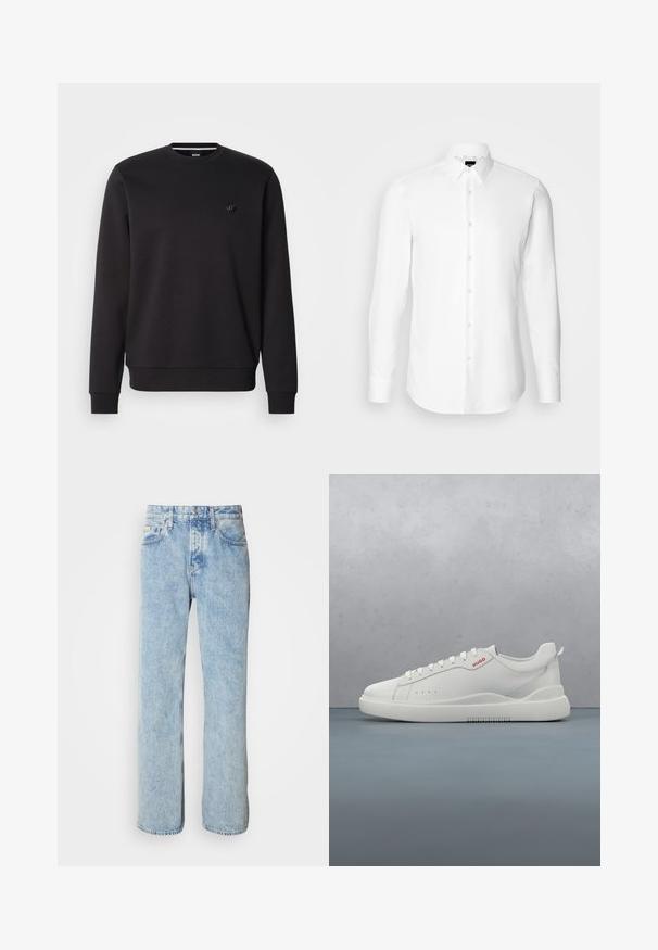 Sort sweatshirt i blødt stof med rund hals, lange ærmer og ribstrikkede manchetter. Har en lille logo på brystet som detalje.; Hvid skjorte med lange ærmer, knaplukning foran, klassisk krave, lavet af glat stof med en subtil tekstur, designet til et tætsiddende udseende.; Lyseblå denimjeans med lige pasform, fem-lomme design og synlige syninger. Klassisk talje med knaplukning.; Hvide sneakers med en glat læderfinish, rund tå, fire snørehuller, subtile perforeringer og en rød logo detalje på siden.