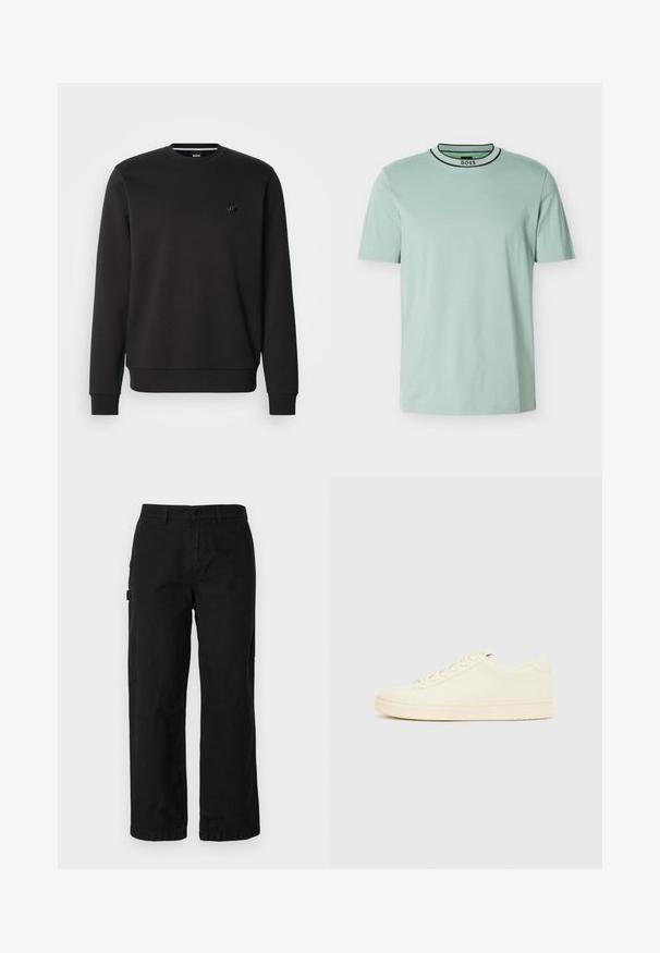 Sudadera negra de tela suave con cuello redondo, mangas largas y puños acanalados. Presenta un pequeño logo en el pecho como detalle.; Camiseta de manga corta color menta claro hecha de algodón suave. Presenta un cuello redondo con ribete en blanco y negro, y un logo en el cuello.; Pantalones cargo de algodón negros con un diseño de pierna recta, que cuentan con bolsillos laterales y un cierre frontal con botón. Tela duradera con una textura suave.; Zapatilla de color crema con parte superior de cuero liso, puntera redondeada, cierre de cordones y suela de goma texturizada. Diseño minimalista, sin logotipos.