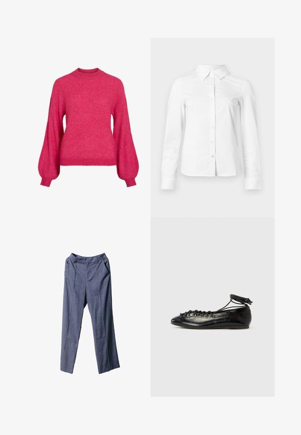 Rosa strikket sweater med rund halsudskæring, lange puffærmer og ribbet tekstur. Casual design og figursyet ved taljen.; Hvid skjorte med lange ærmer, knapper, spids krave, lige kant og tætsiddende silhuet, vist på en ensartet lys baggrund.; Navyblå stribede bukser med afslappet pasform, elastisk talje, sidelommer og glat, let stof.; Sorte balletflade sko i laklæder med rundet tå, snørelukning og flad sål. Glat tekstur med få detaljer.