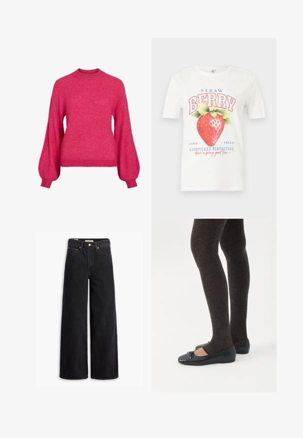 Rosa strikket sweater med rund halsudskæring, lange puffærmer og ribbet tekstur. Casual design og figursyet ved taljen.; Hvid T-shirt med korte ærmer og stort rødt jordbærmotiv samt tekst, der lyder "STRAW BERRY", "Farm Fresh" og "Handpicked Perfection."; Sorte brede benjeans lavet af denim, med fem lommer, kobbernitter og en klassisk knaplukning. Glat tekstur med et rent design.; Ben iført mørke ribbede leggings kombineret med sorte balletsko med små sløjfedetaljer på hvid baggrund.