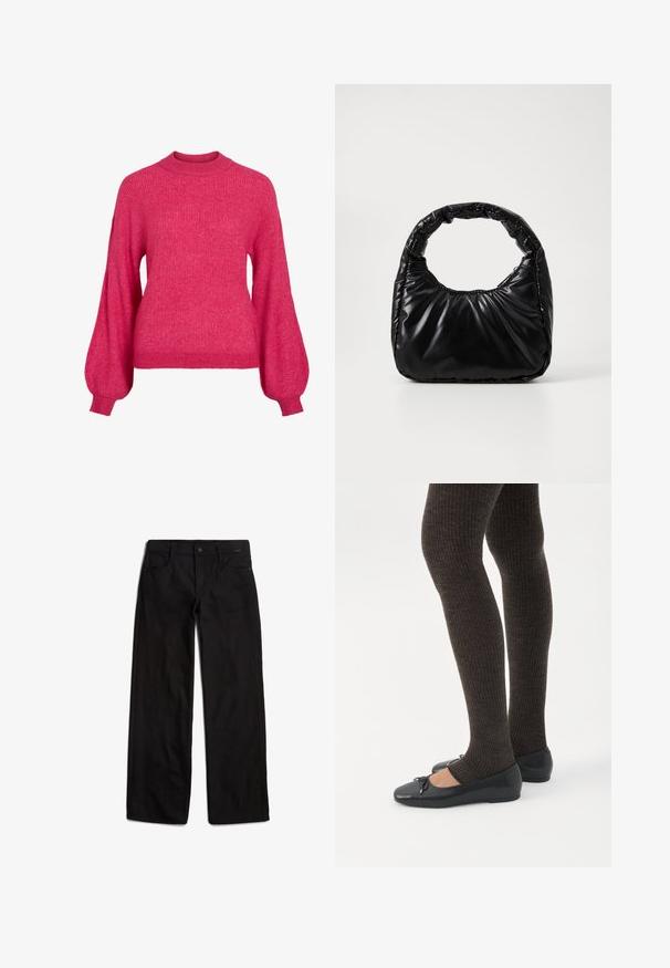 Rosa strikket sweater med rund halsudskæring, lange puffærmer og ribbet tekstur. Casual design og figursyet ved taljen.; Sorte denimbukser med lige ben, frontlukning med knap og fem lommer. Glat tekstur og minimale syninger.; Ben iført mørke ribbede leggings kombineret med sorte balletsko med små sløjfedetaljer på hvid baggrund.; Sort polstret håndtaske med et rundt håndtag, der har en glat, skinnende overflade og en blød, kviltet tekstur. Ingen synlige hardware eller accenter.