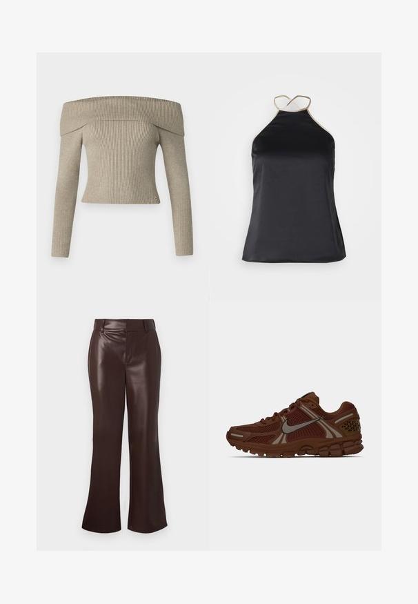 Bærestroget beige ribstrikket top med lange ærmer og tætsiddende design. Har en lille logoaccent ved kanten.; NA-KD CONTRAST DETAILED - Top - black; Brune faux læder flared bukser med en glat tekstur, der har en bæltestrop i taljen og en lynlås foran. Rene linjer og en slank silhuet.; Brun Nike løbesko med mesh-paneler, gummisål og reflekterende swoosh-logo på siden, vist i højre profil.