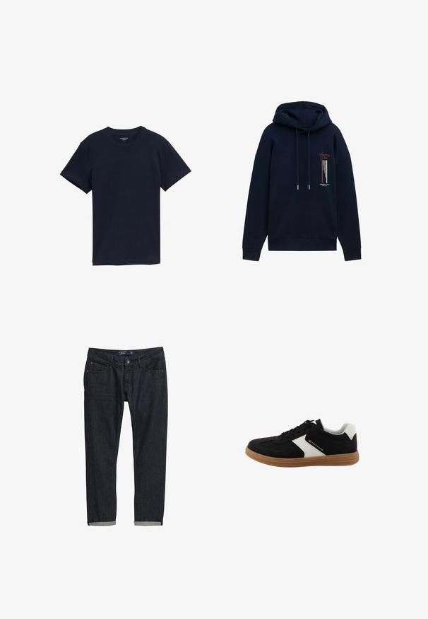 Navyblaues Hoodie mit Kordelzug, lässiger Schnitt, vorderes Grafikdesign in Rot und Weiß sowie gerippte Bündchen. Weicher Textilstoff.; Marineblaue Baumwoll-T-Shirt, kurze Ärmel, Rundhalsausschnitt, glatte Textur, einfaches Design, keine Muster oder Akzente, gerade Saumlinie.; Dunkelblaue Jeans mit Slim-Fit, mit hochgekrempelten Säumen, klassischem Fünf-Taschen-Design und Knopfverschluss, vor einem weißen Hintergrund.; Schwarz-weißer Sneaker in niedriger Ausführung mit brauner Sohle, Schnürverschluss vorne und "Tom Tailor" Logo auf der Seitenpartie und der Sohle.