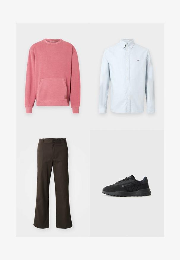 Roze sweatshirt met een ronde hals, lange mouwen, een zak aan de voorkant en geribbelde boorden en zoom. Voorzien van een klein logo-label.; Lichtblauw button-up shirt van zachte katoen met lange mouwen, puntkraag en een klein geborduurd logo op de linkerkant van de borst.; Bruine, uitlopende broek met een soepele textuur, voorzien van een sluiting met een voorknop en zijzakken. Eenvoudig en recht ontwerp.; Zwarte sneakers met een gestructureerde bovenkant, voorzien van een mix van stoffen en synthetische materialen, verstevigde neus, vetersysteem en rubberen zool.