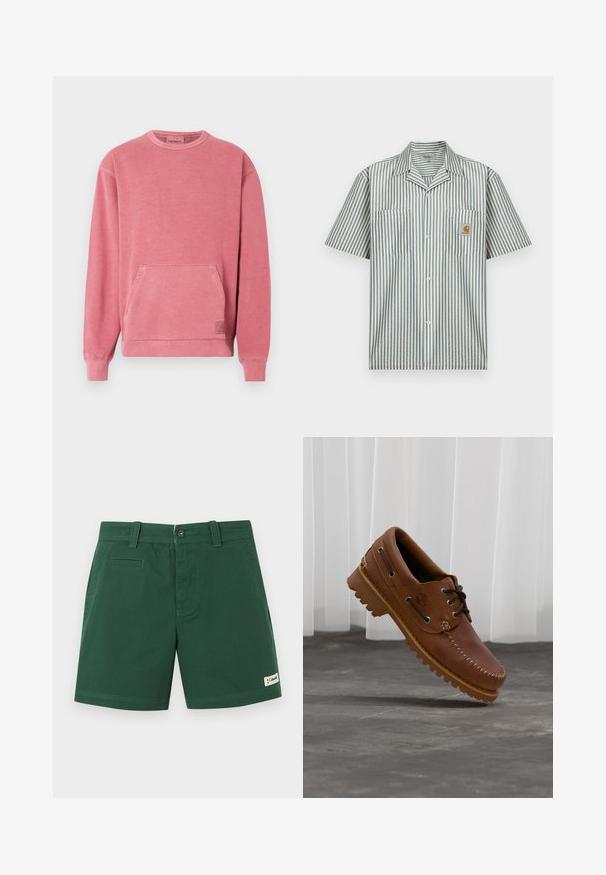 Sweat-shirt rose avec encolure ronde, manches longues, poche avant, et poignets et base côtelés. Comprend un petit écusson logo.; Chemise à manches courtes boutonnée en coton rayé bleu et crème, avec deux poches poitrine et un petit écusson logo sur la poche gauche.; Shorts longs jusqu'au genou de couleur vert foncé avec passants pour ceinture, fermeture à bouton et à glissière, poches latérales, et un petit patch logo sur l'ourlet.; Chaussure de bateau en cuir marron avec des lacets noirs, des coutures beiges et une semelle robuste, suspendue au-dessus d'un sol en béton gris.