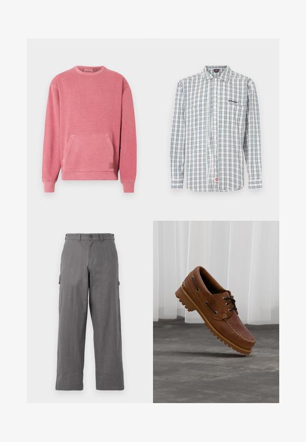 Sweat-shirt rose avec encolure ronde, manches longues, poche avant, et poignets et base côtelés. Comprend un petit écusson logo.; Chemise à carreaux boutonnée en blanc, vert et bleu. Elle comporte des manches longues, un col, deux poches avant et une broderie de logo sur la poitrine.; Pantalons cargo gris avec une coupe droite, fabriqués en tissu durable. Comprend des poches latérales et une fermeture à bouton à la taille.; Chaussure de bateau en cuir marron avec des lacets noirs, des coutures beiges et une semelle robuste, suspendue au-dessus d'un sol en béton gris.