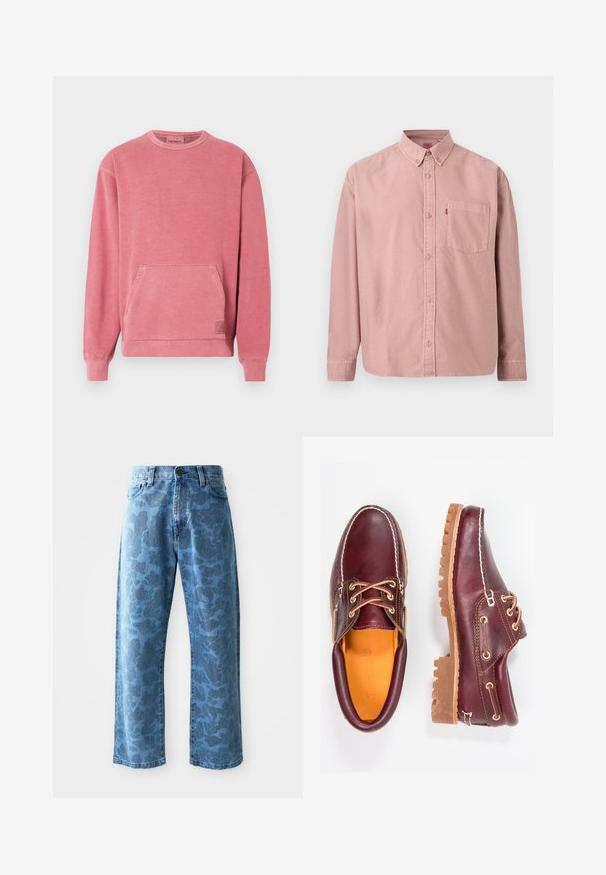 Ροζ φούτερ με στρογγυλή λαιμόκοψη, μακριά μανίκια, μπροστινή τσέπη και ριμπ μανσέτες και τελείωμα. Διαθέτει μια μικρή ετικέτα με λογότυπο.; Ροζ πουκάμισο με μακριά μανίκια, κουμπιά μπροστά, τσέπη στο στήθος και γιακά με κουμπιά, εμφανίζεται πάνω σε απλό φόντο.; Ανοιχτό μπλε τζιν με διακριτό τονικό λουλουδάτο σχέδιο, πλατιά γραμμή, πέντε τσέπες και κουμπί στη μέση.; Μπορντώ δερμάτινα παπούτσια με καφέ ελαστικές σόλες, στρογγυλή μύτη, λευκή ραφή και χρυσές τρύπες κορδονιών. Η εσωτερική επένδυση διαθέτει κίτρινη φόδρα.