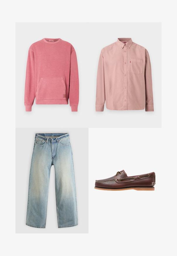 Sweat-shirt rose avec encolure ronde, manches longues, poche avant, et poignets et base côtelés. Comprend un petit écusson logo.; Chemise rose à manches longues avec boutons, poche avant et col boutonné, présentée sur un fond uni.; Jean denim bleu clair à jambes larges avec une finition délavée. Comprend un design standard à cinq poches et une fermeture à bouton métallique.; Chaussure bateau en cuir marron avec coutures blanches, détails de lacets et semelle en caoutchouc beige, vue de côté sur fond blanc.
