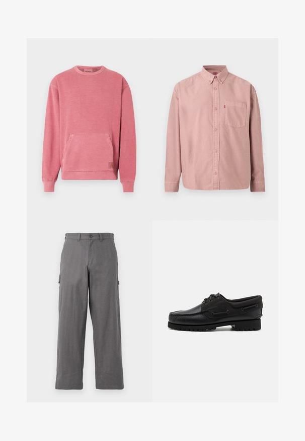 Rosa Sweatshirt mit Rundhalsausschnitt, langen Ärmeln, Fronttasche und gerippten Bündchen und Saum. Mit einem kleinen Logopatch versehen.; Langärmliges, pinkes Hemd mit Knöpfen, einer Brusttasche und einem Button-down-Kragen, vor einem einfarbigen Hintergrund präsentiert.; Graue Cargo-Hosen mit geradem Bein-Design, aus strapazierfähigem Stoff. Mit Seitentaschen und einem Knopfverschluss an der Taille.; Schwarzer Schuh mit einem Obermaterial aus Leder, textilen Akzenten, runden Schnürsenkeln und einer strukturierten Gummisohle. Verfügt über Mokassin-Nähte und eine Markeninschrift.