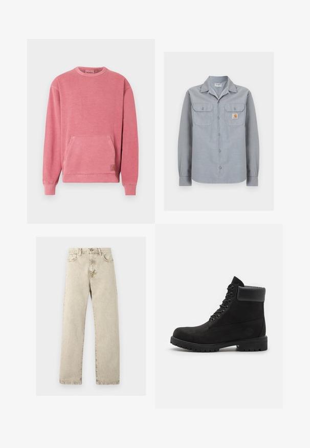 Roze sweatshirt met een ronde hals, lange mouwen, een zak aan de voorkant en geribbelde boorden en zoom. Voorzien van een klein logo-label.; Lichtgrijs overhemd met lange mouwen en knopen, met twee borstzakken, waarvan één met een klein Carhartt-logo op de rechterkant.; Beige denim jeans met een rechte pijp, hoge taille en vijf zakken, met zichtbare stiksels op een lichte achtergrond.; Zwarte enkellaars met vetersluiting, voorzien van een gevoerde kraag en een robuuste zool, weergegeven in profiel tegen een witte achtergrond.