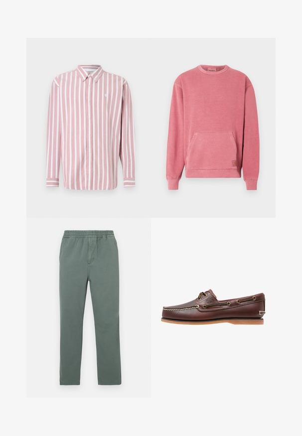 Sweat-shirt rose avec encolure ronde, manches longues, poche avant, et poignets et base côtelés. Comprend un petit écusson logo.; Chemise à boutons rayée rose et blanche. Comprend un col, des manches longues et un petit logo. Fabriquée en tissu tissé.; Pantalon vert en mélange de coton avec une taille élastique, une coupe droite et une texture subtile. Il comprend des poches latérales et une couture centrale.; Chaussure bateau en cuir marron avec coutures blanches, détails de lacets et semelle en caoutchouc beige, vue de côté sur fond blanc.