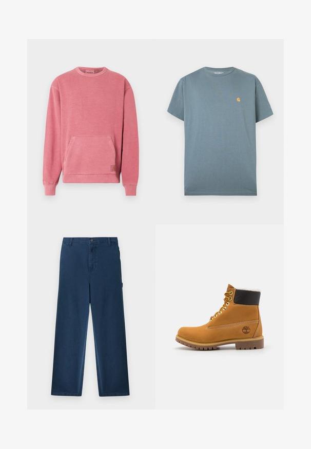 Rosa genser med rund hals, lange ermer, frontlomme og ribbestrikkede mansjetter og kant. Har en liten logopatch.; Blå Carhartt T-skjorte med korte ermer og liten gul logo på venstre bryst, lagt flatt på hvit bakgrunn.; Mørkeblå kordfløyelbukser med rette ben, beltehemper, knapp foran, glidelåslukking og sidelommer.; Brune lær ankle boot med metaløyer, hvit pelsforing, svart polstret krage, robust såle og preget logo på siden.
