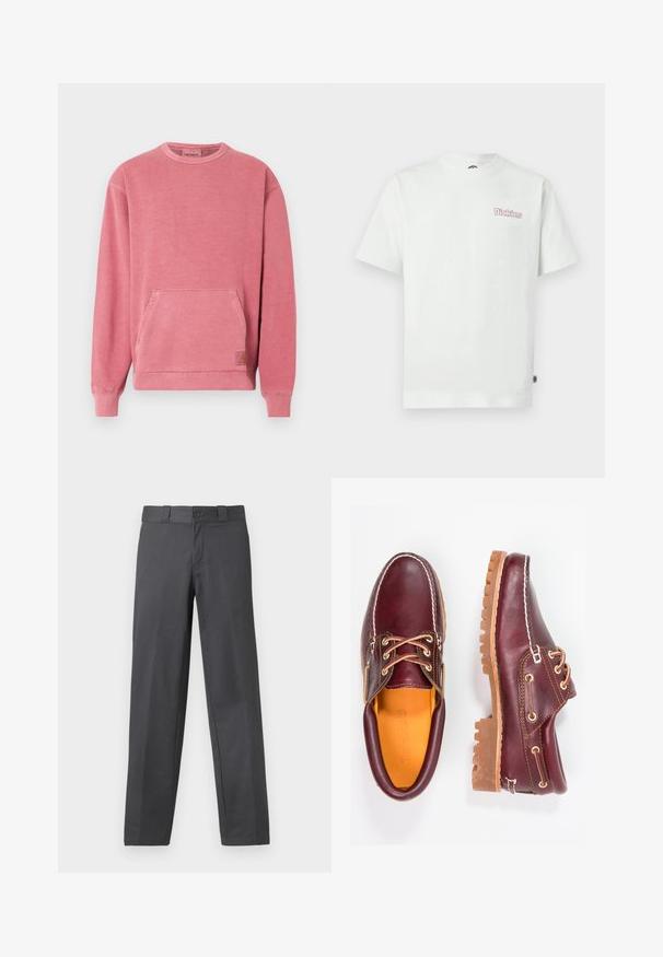 Lyserød sweatshirt med rund halsudskæring, lange ærmer, frontlomme og ribstrikkede manchetter og kant. Har et lille logo-patch.; Hvid bomulds t-shirt med korte ærmer, rund halsudskæring og en pink "Dickies" logo på venstre brystområde. Glat tekstur.; Grå bukser lavet af glat stof, med lige ben-design, knappelukning og bæltesløjfer; minimale sømme og uden mønstre.; Bordeaux lædersko med brune gummisåler, rund tå, hvid syning og gyldne snøringer. Indersiden har et gult for.